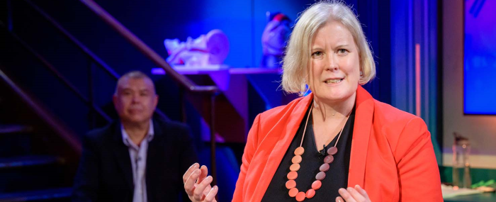Prof. Catherine Noakes presenting at the Royal Institution Christmas Lectures, 2021