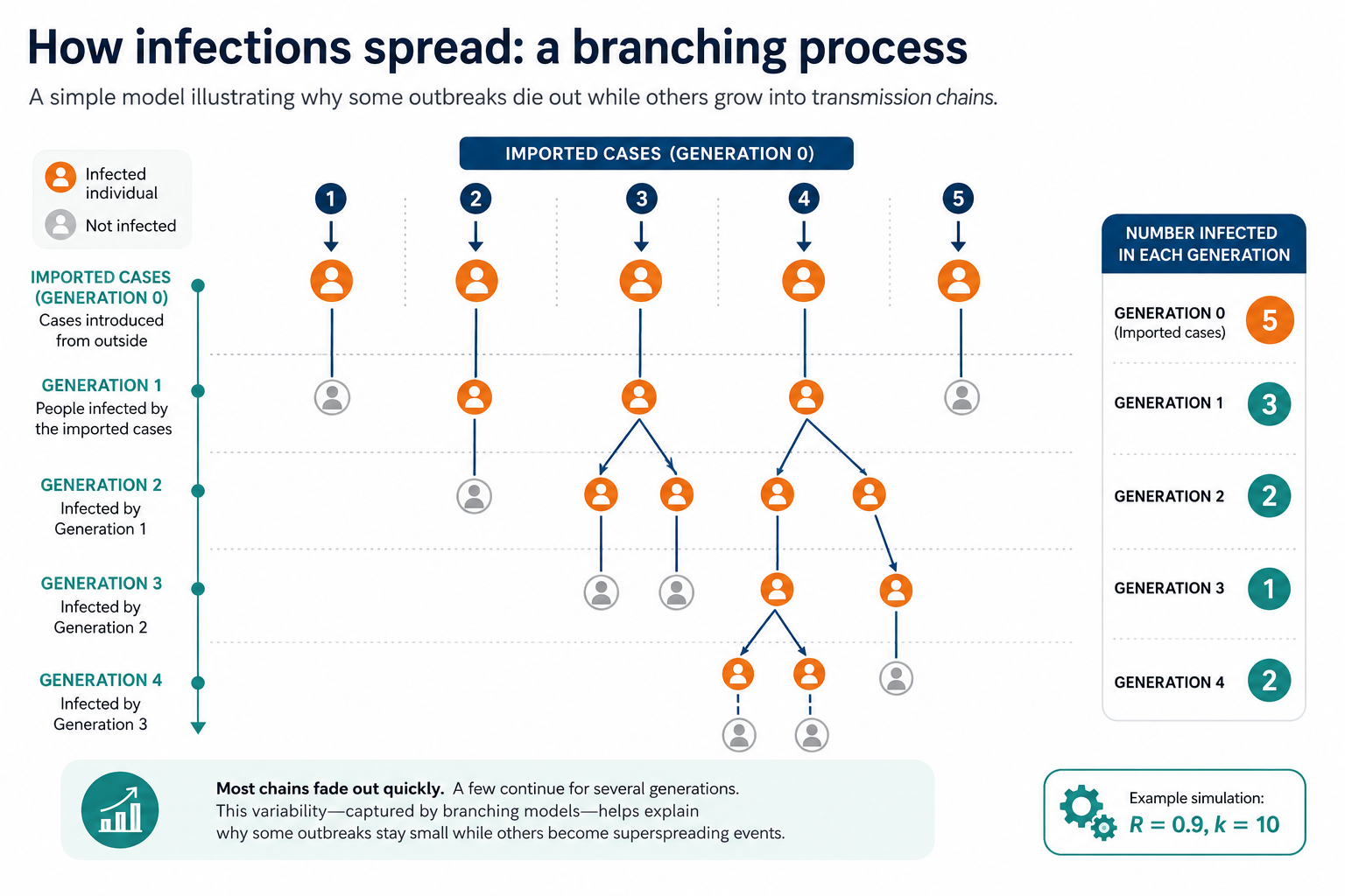 Branching tree diagram showing how infection spreads through a population — illustrating the difference between typical transmission chains and superspreading events