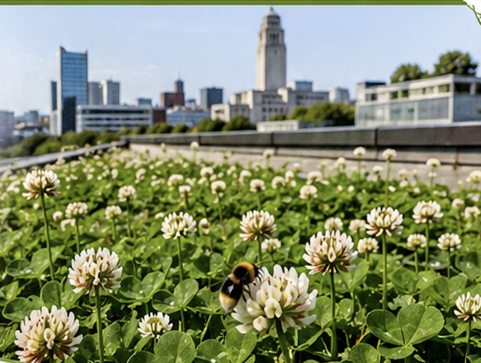 Clover living roof with bumblebee and Leeds skyline